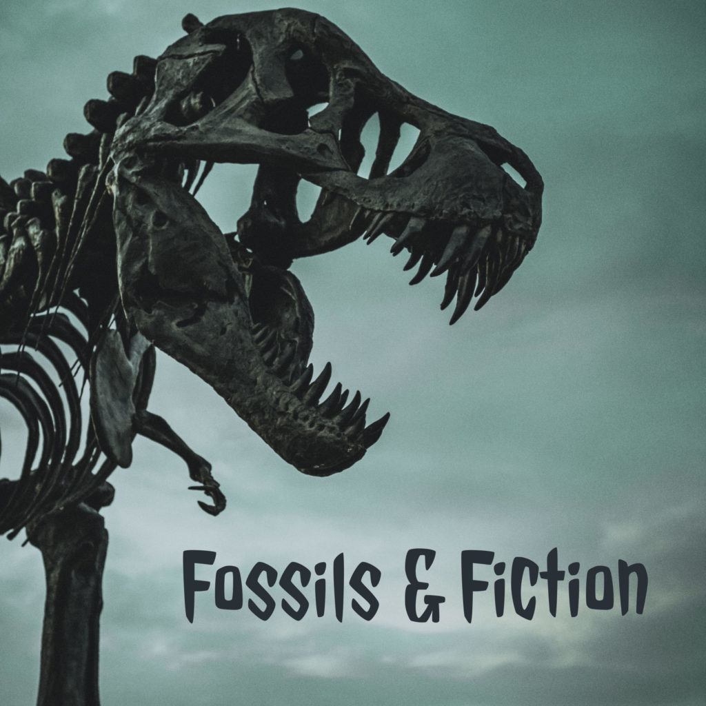 Tyrannosaur skull on green-blue cloudy field with the words Fossils and Fiction at lower right