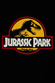 Logo for Jurassic Park, featuring a silhouetted tyrannosaurus rex skeleton on yellow background above the words Jurassic Park on a black field.
