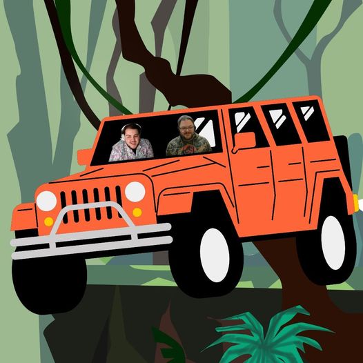 An image of a red-orange cartoon SUV on a jungle background with photos of two men with headphones pasted as if they were in the front seat